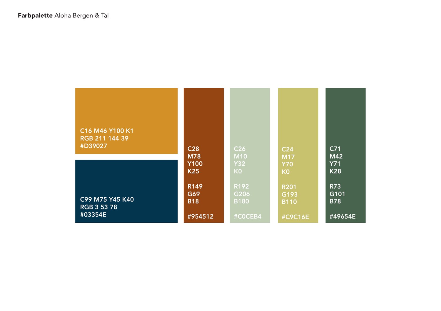 Die Palette Bergen & Tal mit CMYK-, RGB- und Hex-Werten