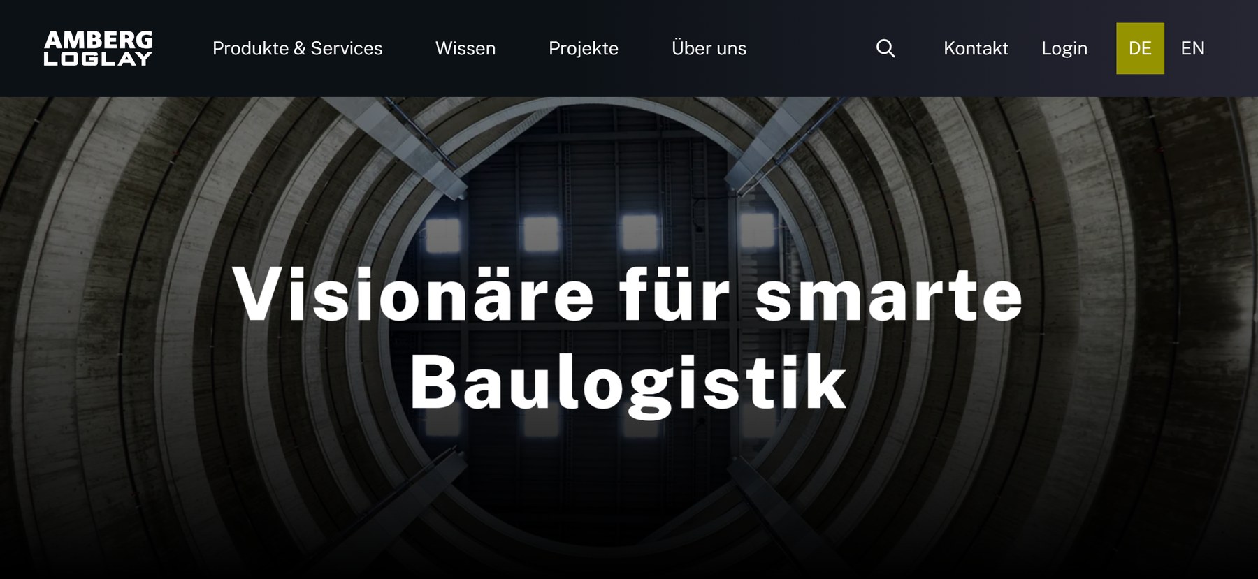 The live Amberg Loglay site: Visionaere fuer smarte Baulogistik over a photograph of a tunnel under construction