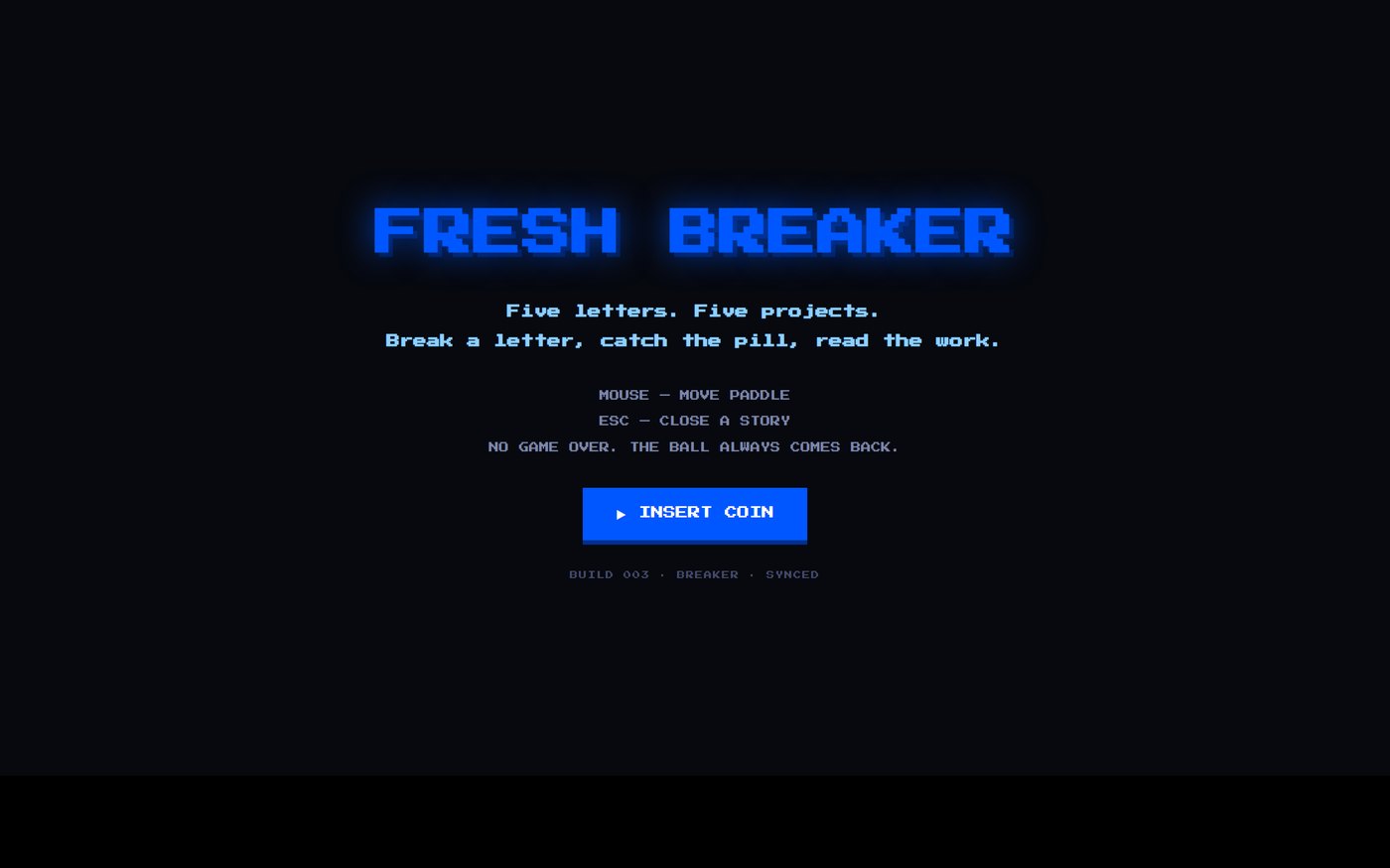 Fresh Breaker title screen in blue pixel type