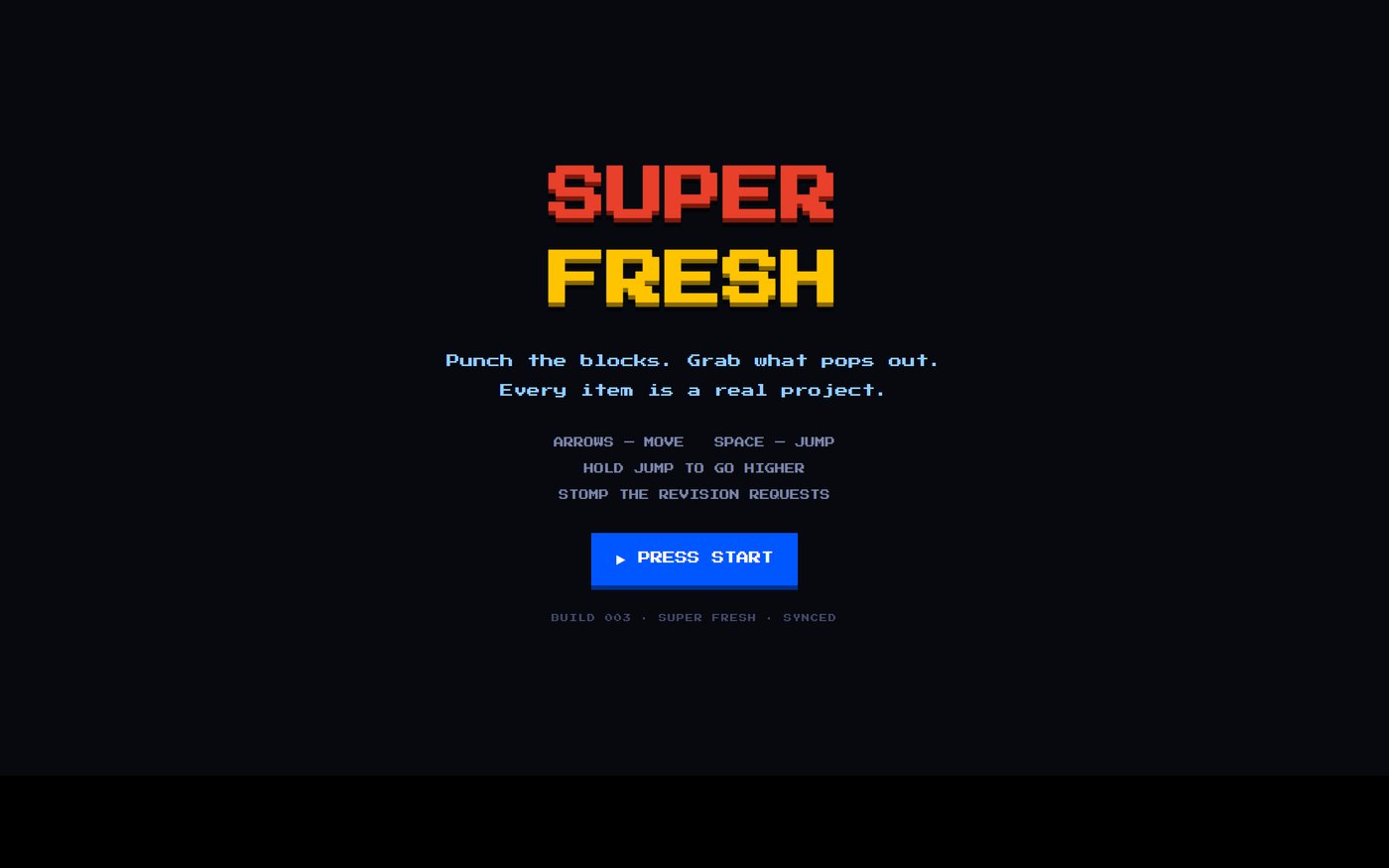 Super Fresh title screen in red and gold pixel type