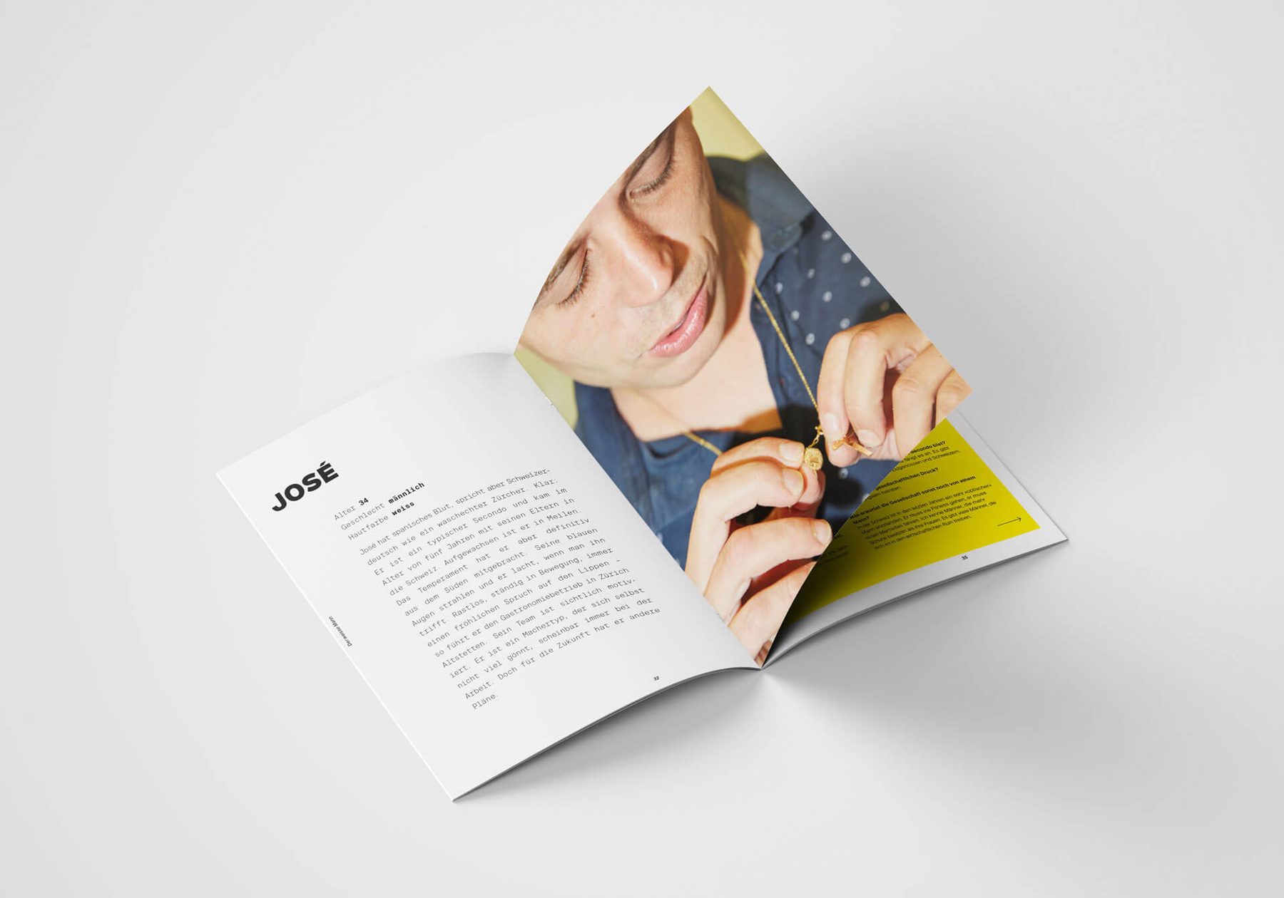 A spread introducing Jos&eacute;: typewriter-style profile text beside a close portrait